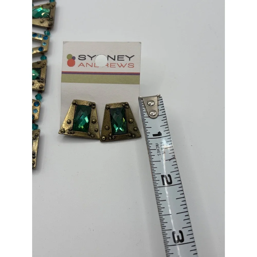 Sydney Andrews Green Crystal Brass Tone Geometric Bracelet and Earring Set